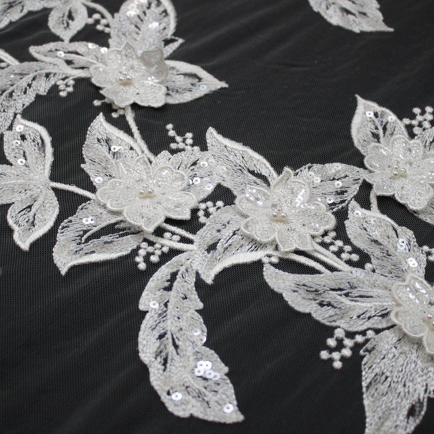 Haute Couture Tulle | Bridal Thread Embroidered Tulle with 3D Floral Sprays, Sequins & Pearls | TRW3743