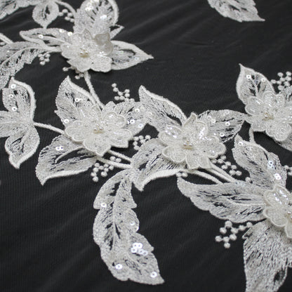 Haute Couture Tulle | Bridal Thread Embroidered Tulle with 3D Floral Sprays, Sequins & Pearls | TRW3743