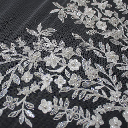 Tulle Alta Moda | Tulle Ricamato Sposa a Filo con Ramage Floreale, Corallini e Perline | TRW3194