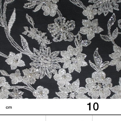 Tulle Alta Moda | Tulle Ricamato Sposa a Filo con Ramage Floreale, Corallini e Perline | TRW3194