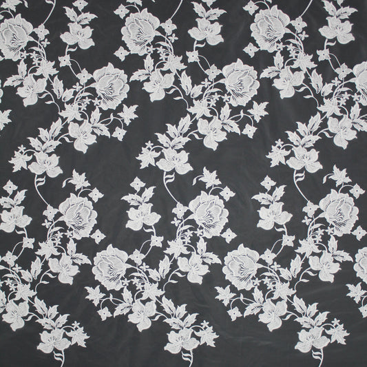 Haute Couture Tulle | Bridal Thread Embroidered Tulle with Rose & Leaf Sprays | TRW4180