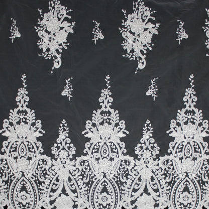 Haute Couture Tulle | Bridal Thread Embroidered Tulle with Corded Rebrodé, Floral, Arabesque Motifs & Double Border | TRW3729