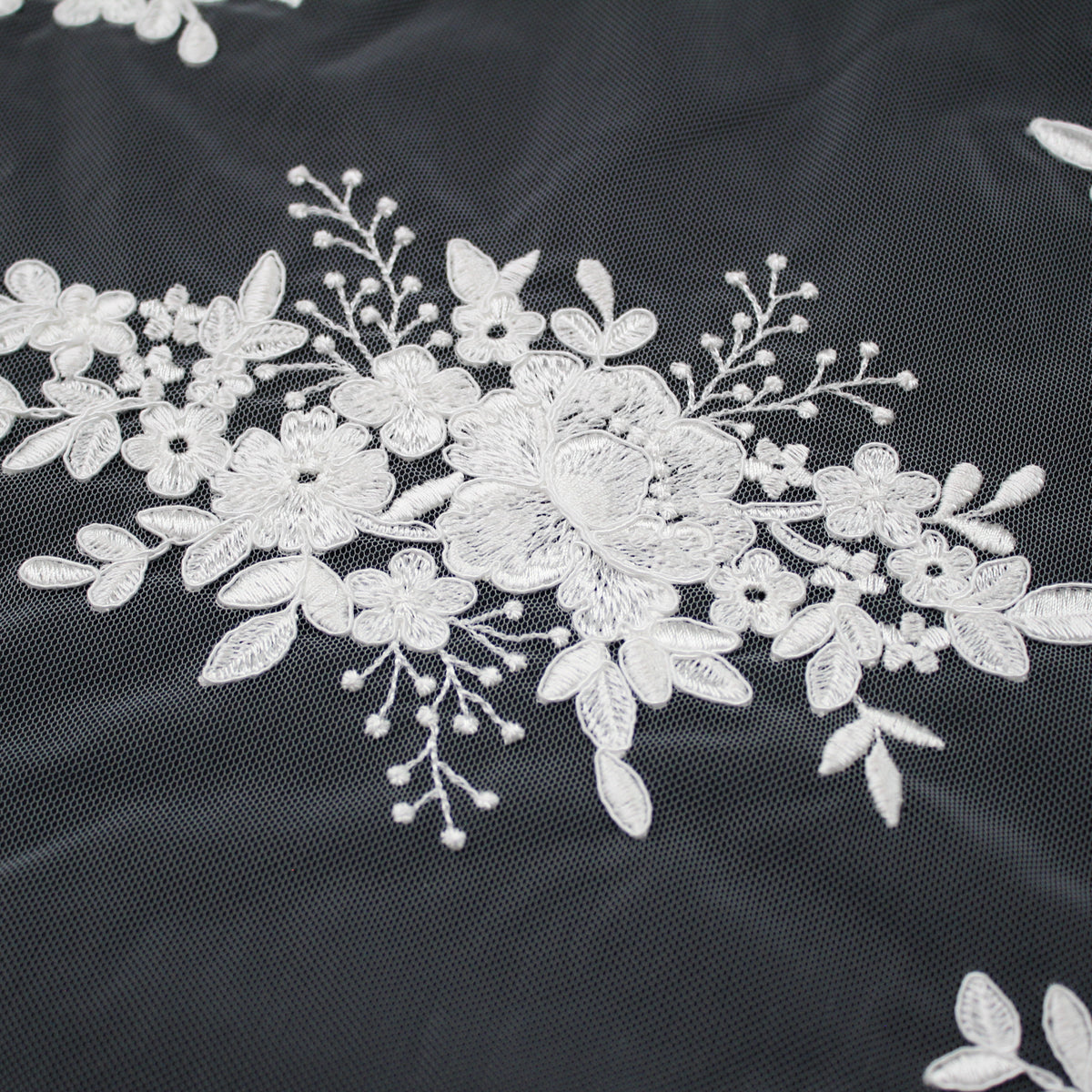 Bridal Rebrodé Embroidered Tulle with Floral Sprays, Paisley Motif, and Double Scalloped Border | TRW1608