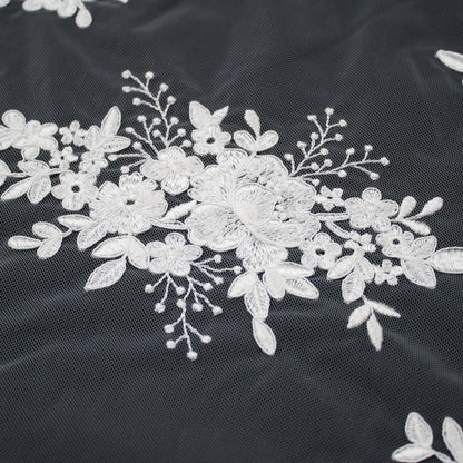Bridal Rebrodé Embroidered Tulle with Floral Sprays, Paisley Motif, and Double Scalloped Border | TRW1608