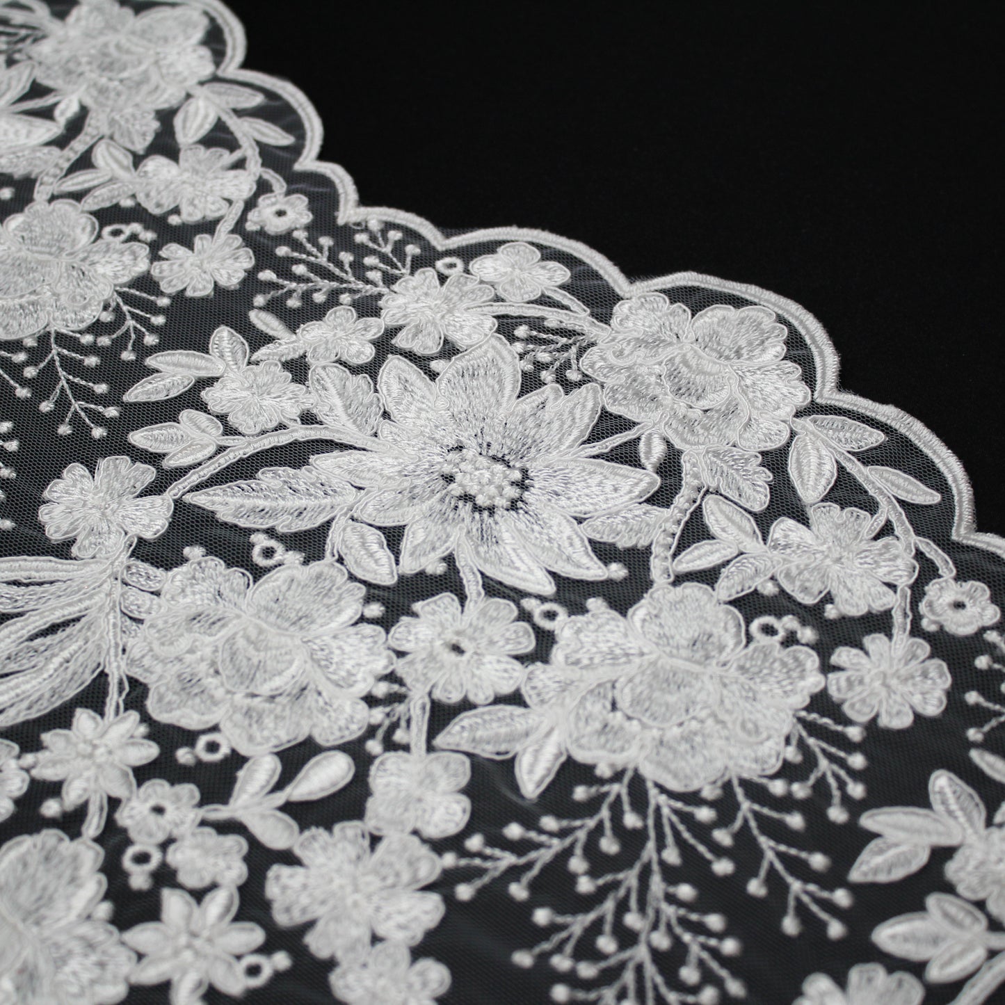 Bridal Rebrodé Embroidered Tulle with Floral Sprays, Paisley Motif, and Double Scalloped Border | TRW1608
