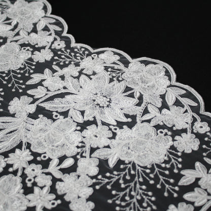 Bridal Rebrodé Embroidered Tulle with Floral Sprays, Paisley Motif, and Double Scalloped Border | TRW1608