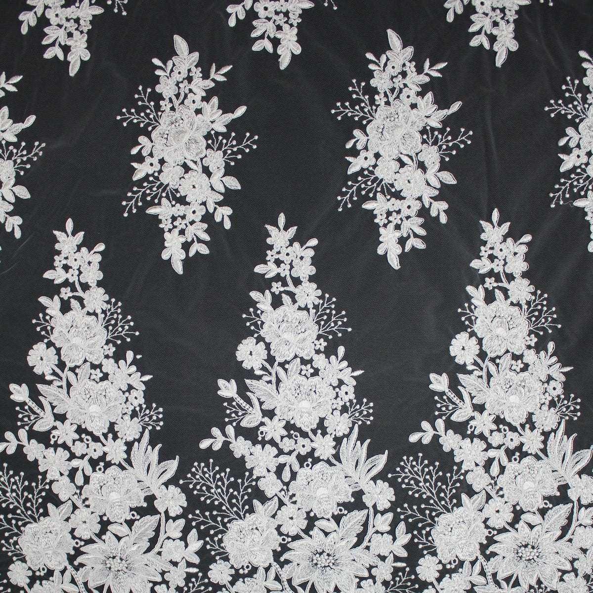 Bridal Rebrodé Embroidered Tulle with Floral Sprays, Paisley Motif, and Double Scalloped Border | TRW1608