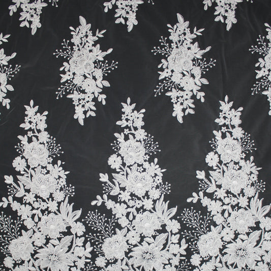 Bridal Rebrodé Embroidered Tulle with Floral Sprays, Paisley Motif, and Double Scalloped Border | TRW1608