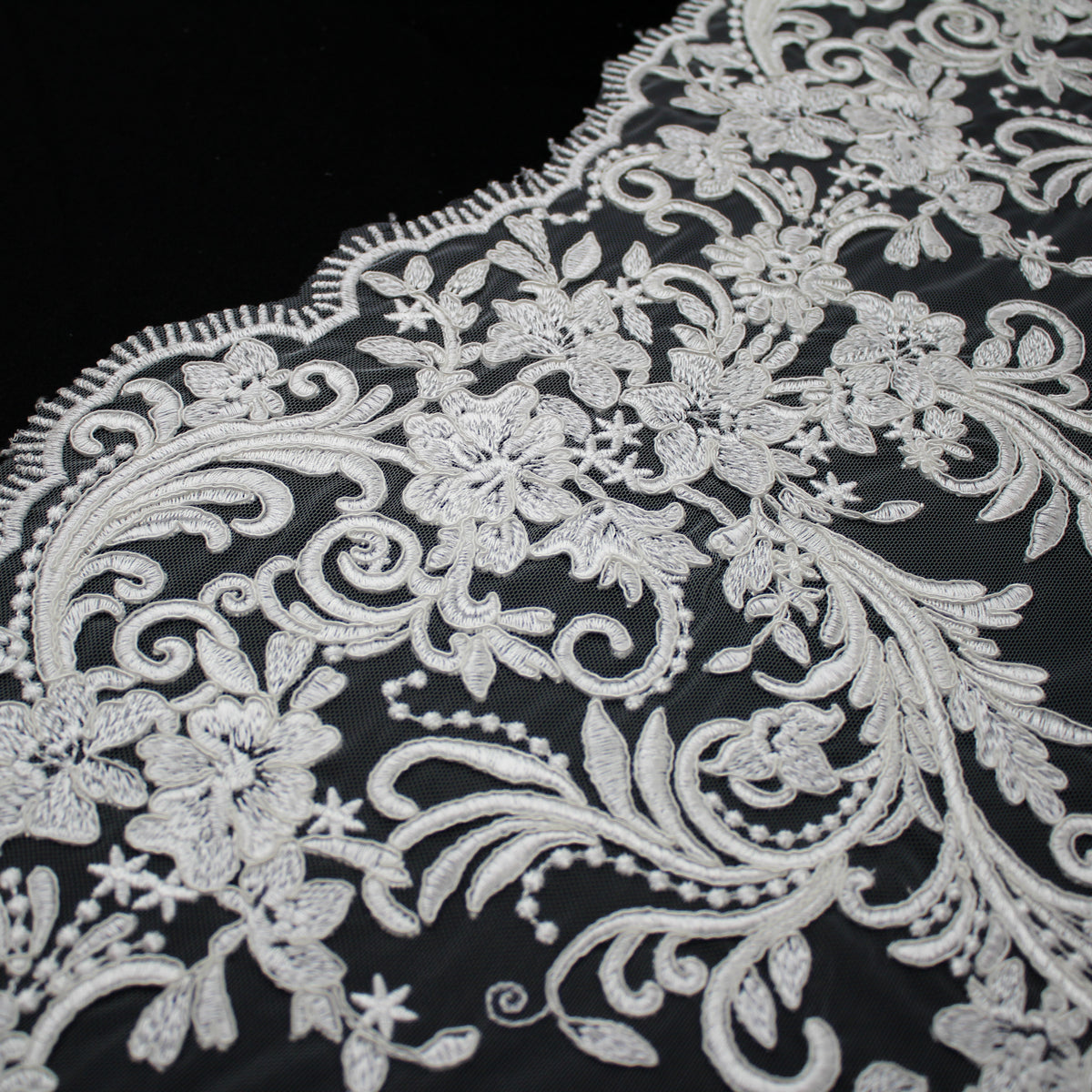 Haute Couture Tulle | Bridal Thread Embroidered Tulle with Corded Rebrodé, Floral Sprays & Double Border | TRW3727