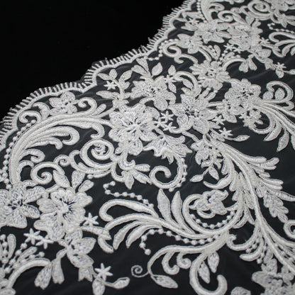 Haute Couture Tulle | Bridal Thread Embroidered Tulle with Corded Rebrodé, Floral Sprays & Double Border | TRW3727