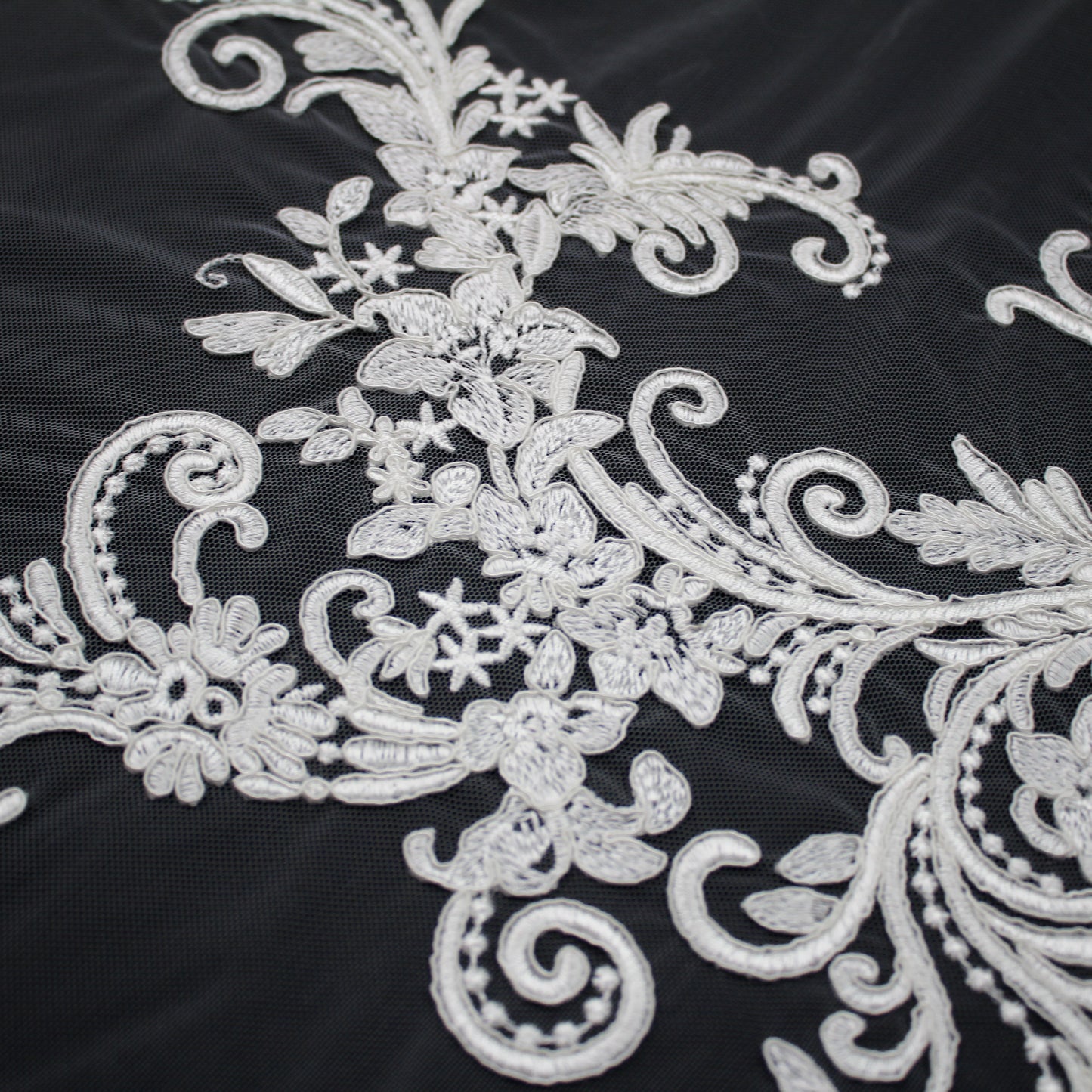 Haute Couture Tulle | Bridal Thread Embroidered Tulle with Corded Rebrodé, Floral Sprays & Double Border | TRW3727