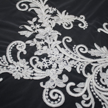 Haute Couture Tulle | Bridal Thread Embroidered Tulle with Corded Rebrodé, Floral Sprays & Double Border | TRW3727