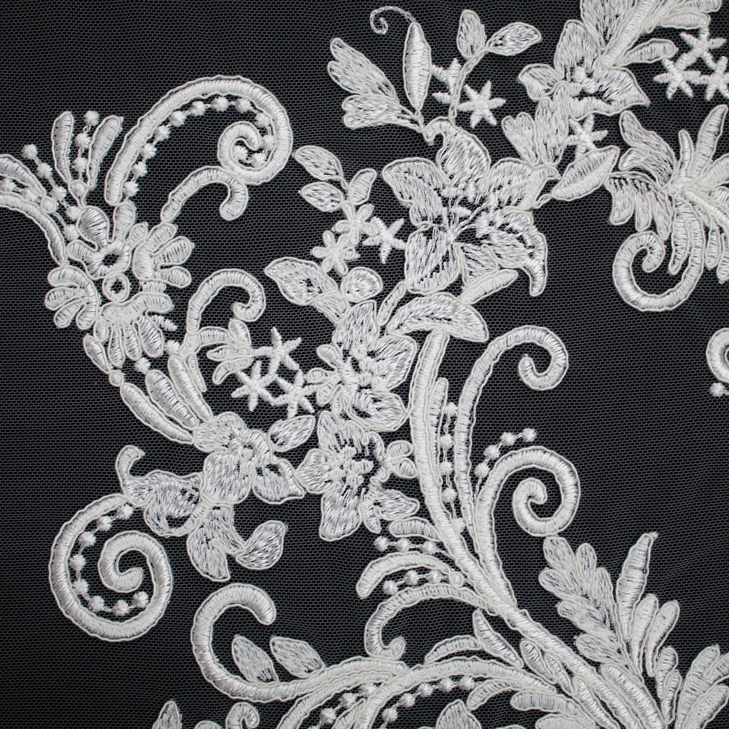 Haute Couture Tulle | Bridal Thread Embroidered Tulle with Corded Rebrodé, Floral Sprays & Double Border | TRW3727