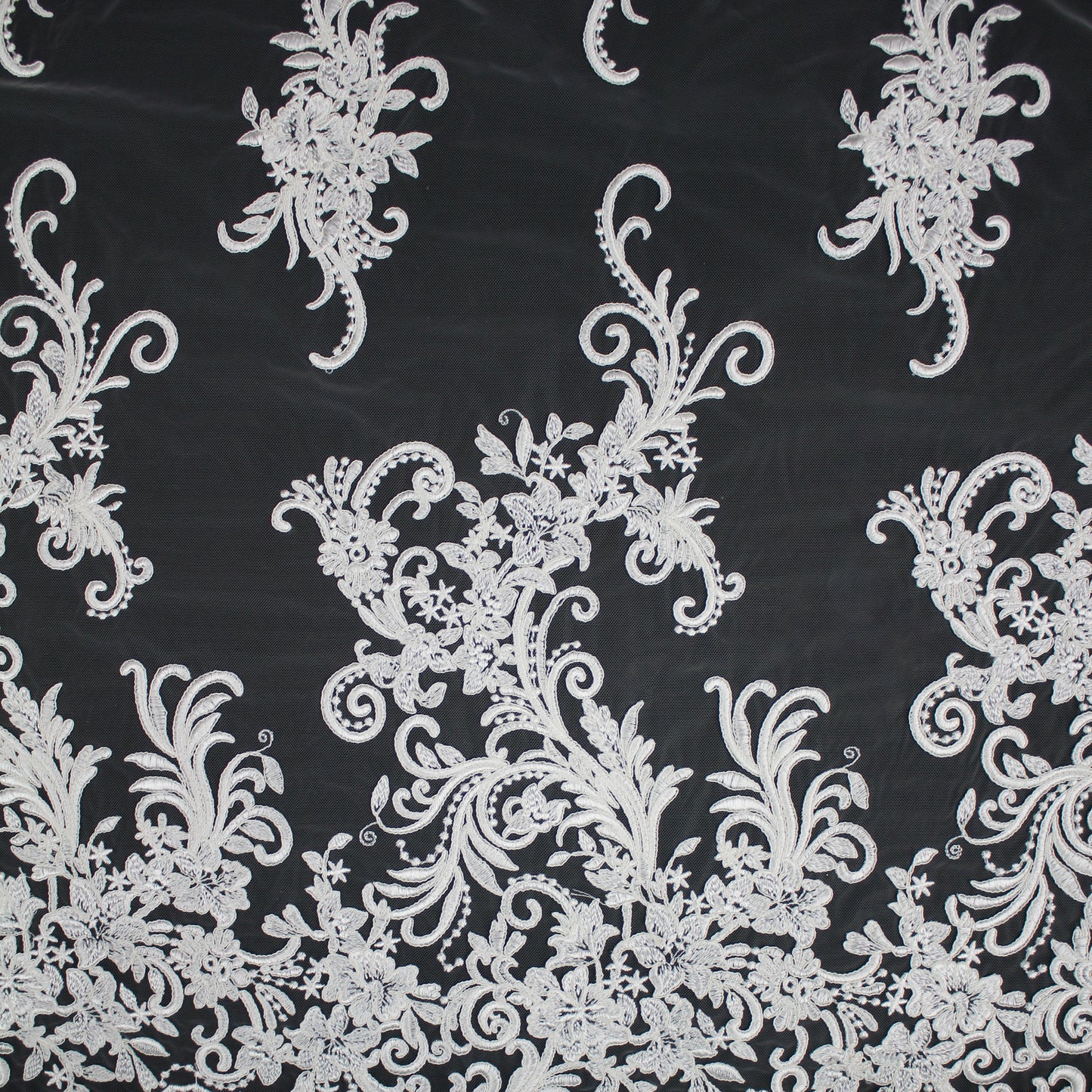 Haute Couture Tulle | Bridal Thread Embroidered Tulle with Corded Rebrodé, Floral Sprays & Double Border | TRW3727