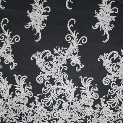 Haute Couture Tulle | Bridal Thread Embroidered Tulle with Corded Rebrodé, Floral Sprays & Double Border | TRW3727