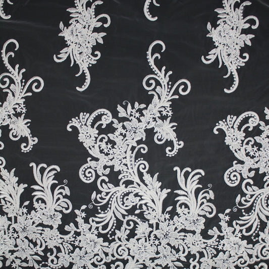 Haute Couture Tulle | Bridal Thread Embroidered Tulle with Corded Rebrodé, Floral Sprays & Double Border | TRW3727