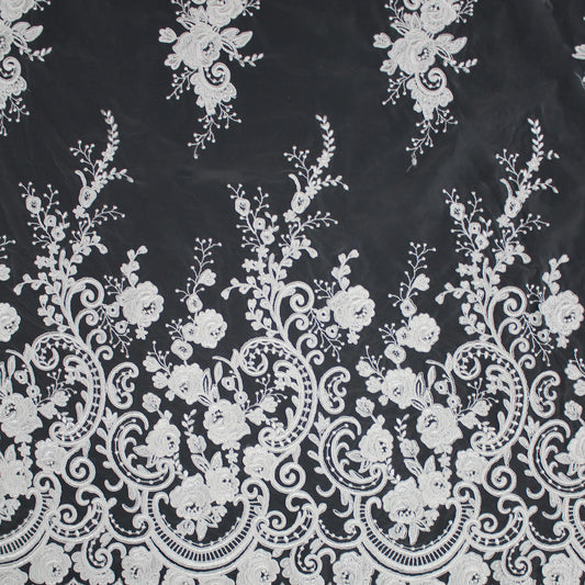 Haute Couture Tulle | Bridal Thread Embroidered Tulle with Corded Rebrodé, Floral Sprays & Paisley Motifs | TRW3728