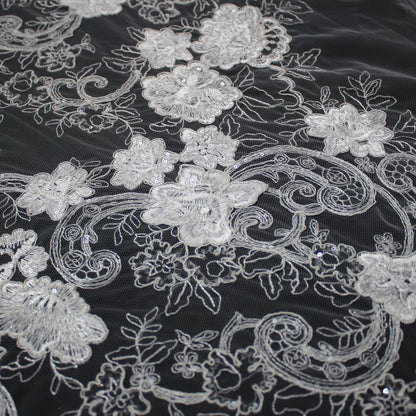 Tulle Alta Moda | Tulle Ricamato Sposa a Filo con Rebrodatura, Paillettes e Ramage Floreale | TRW3502