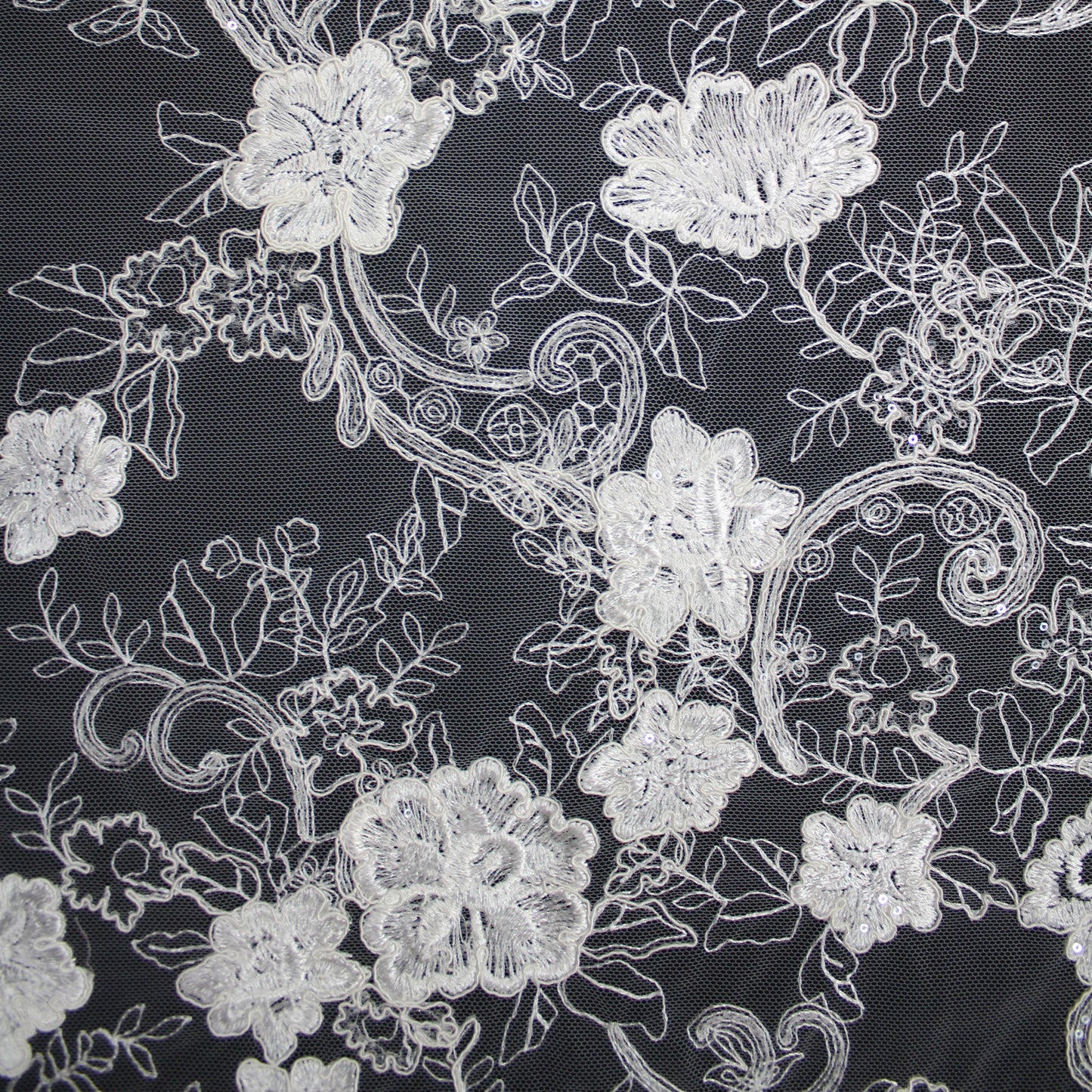 Tulle Alta Moda | Tulle Ricamato Sposa a Filo con Rebrodatura, Paillettes e Ramage Floreale | TRW3502