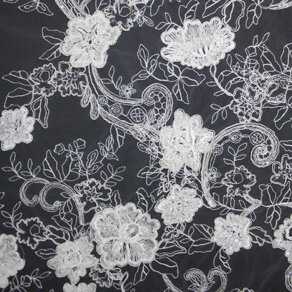 Tulle Alta Moda | Tulle Ricamato Sposa a Filo con Rebrodatura, Paillettes e Ramage Floreale | TRW3502