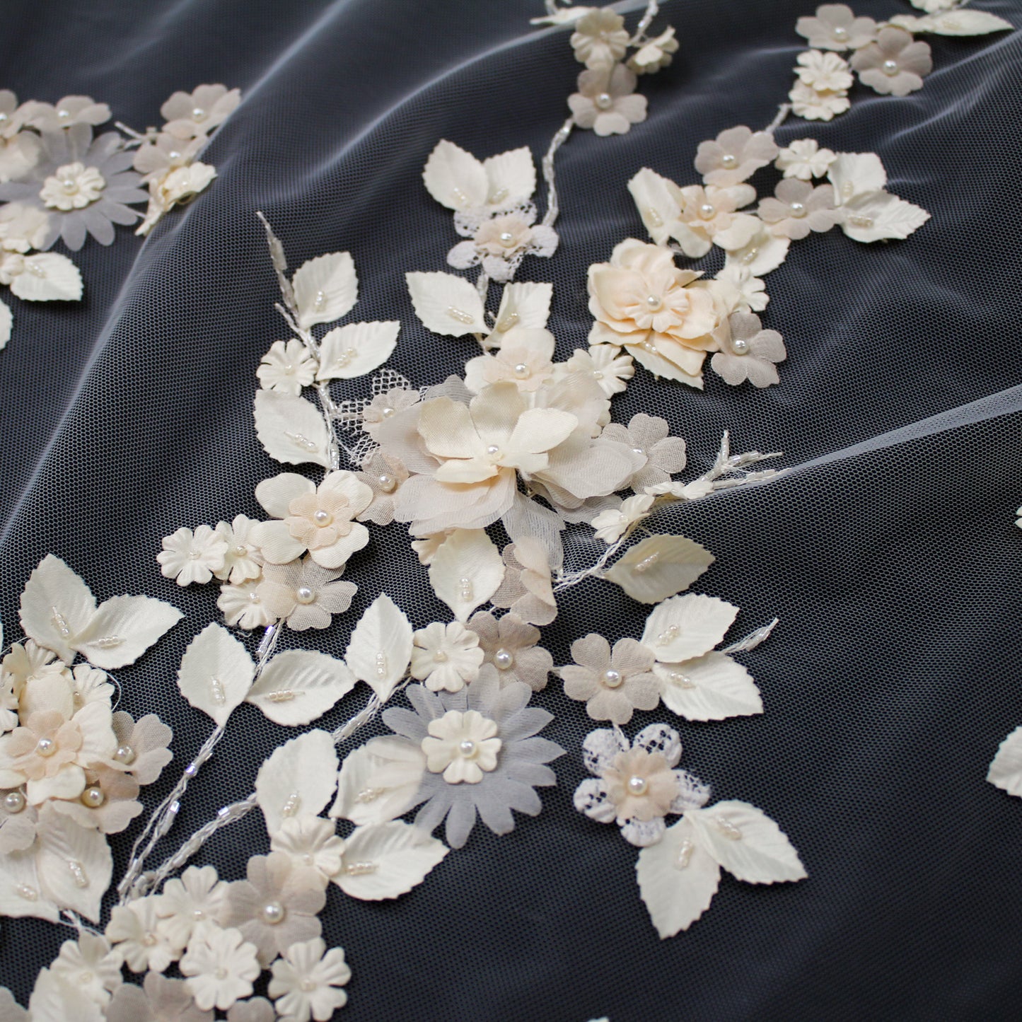 Haute Couture Tulle | Bridal Embroidered Lace with 3D Flowers, Seed Beads & Pearls | TRW2234