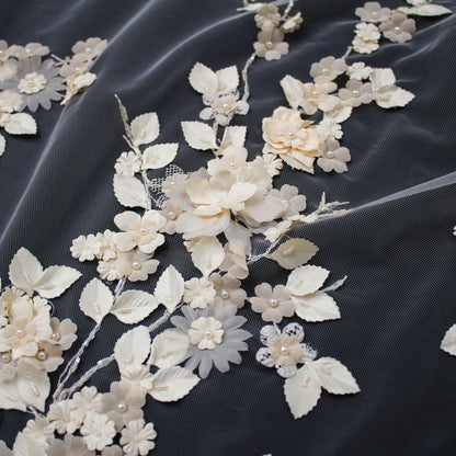 Haute Couture Tulle | Bridal Embroidered Lace with 3D Flowers, Seed Beads & Pearls | TRW2234