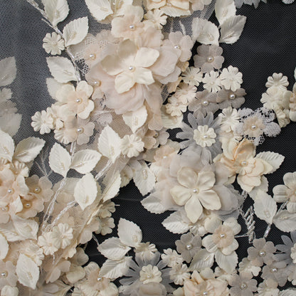 Haute Couture Tulle | Bridal Embroidered Lace with 3D Flowers, Seed Beads & Pearls | TRW2234