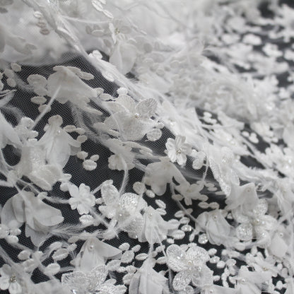 Tulle Alta Moda | Tulle Ricamato Sposa con Fiori 3D, Perline e Piume (Disegno Dégradé) | TRW2519