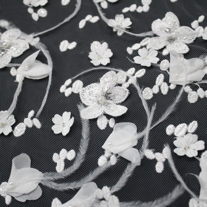 Tulle Alta Moda | Tulle Ricamato Sposa con Fiori 3D, Perline e Piume (Disegno Dégradé) | TRW2519