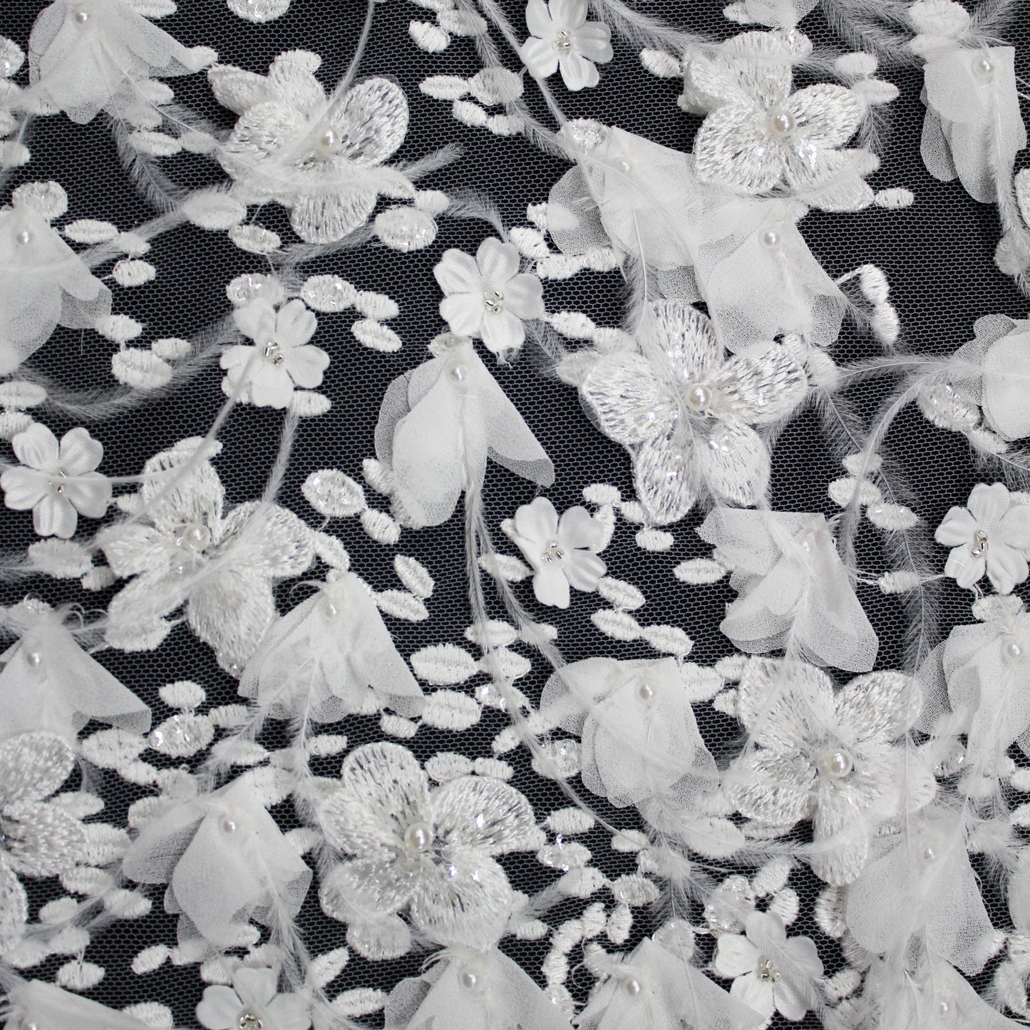 Tulle Alta Moda | Tulle Ricamato Sposa con Fiori 3D, Perline e Piume (Disegno Dégradé) | TRW2519