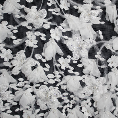 Tulle Alta Moda | Tulle Ricamato Sposa con Fiori 3D, Perline e Piume (Disegno Dégradé) | TRW2519