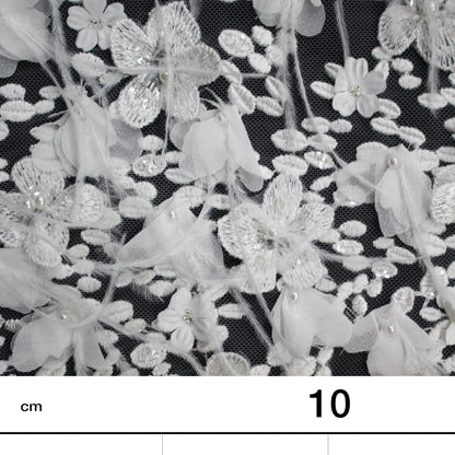 Tulle Alta Moda | Tulle Ricamato Sposa con Fiori 3D, Perline e Piume (Disegno Dégradé) | TRW2519