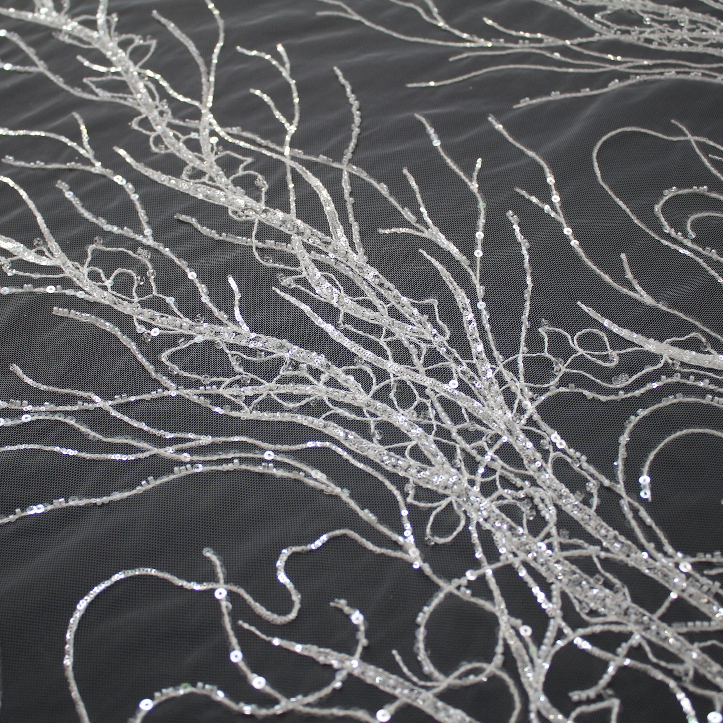 Haute Couture Tulle | Bridal Embroidered Tulle with Beads & Sequins in Dendritic Branching Pattern | TRW3364