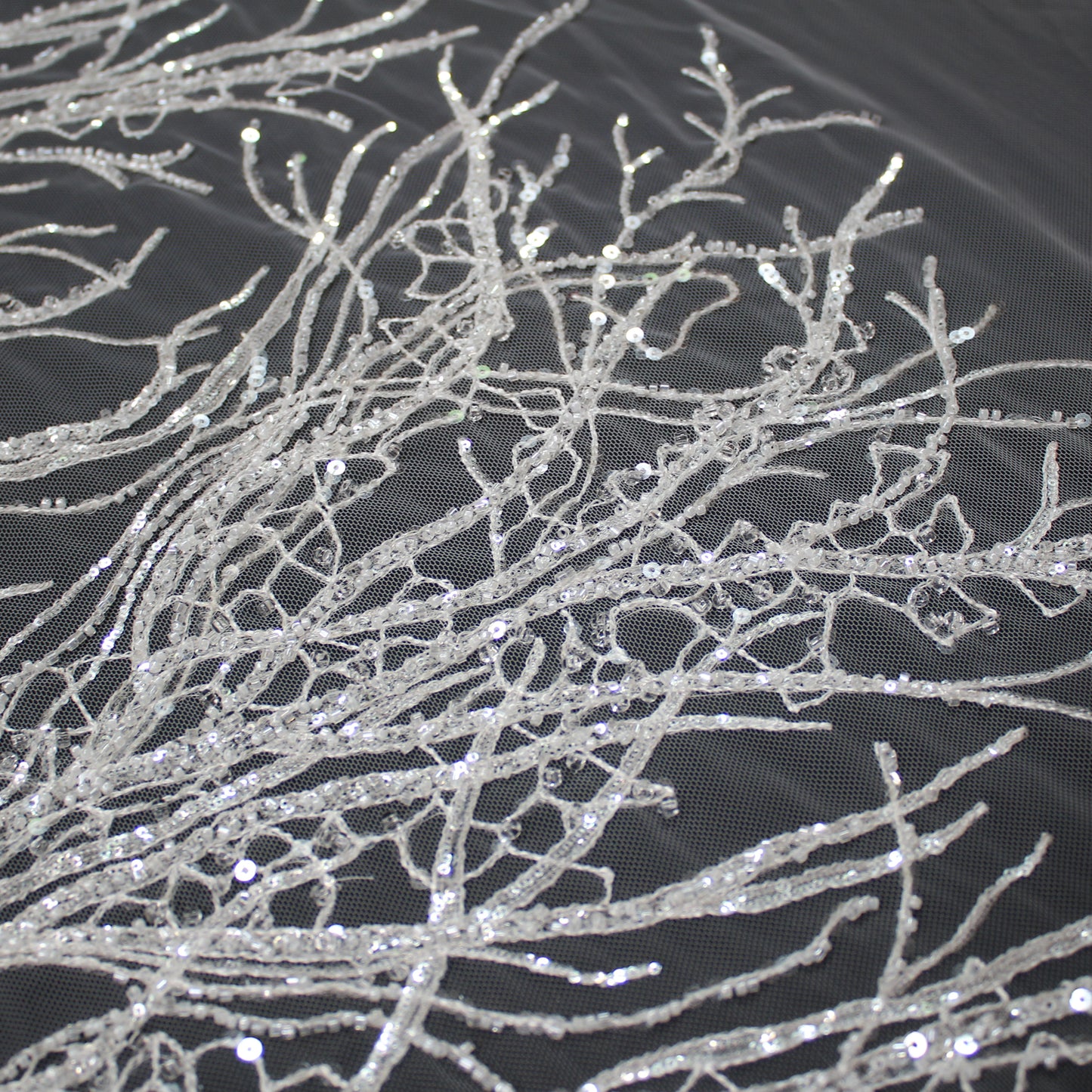 Haute Couture Tulle | Bridal Embroidered Tulle with Beads & Sequins in Dendritic Branching Pattern | TRW3364