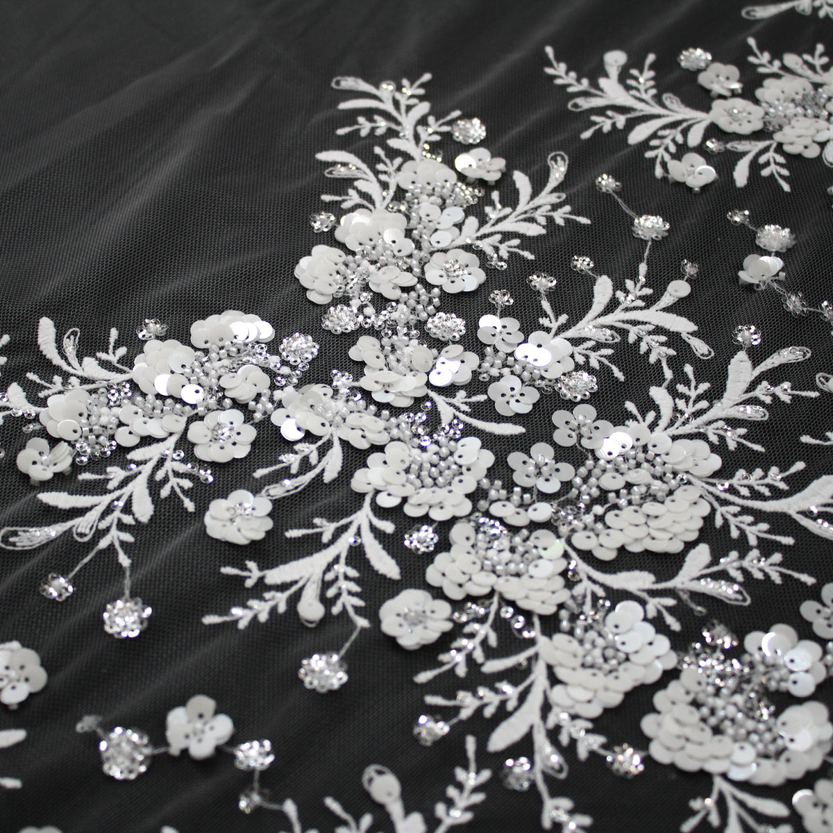 Haute Couture Tulle | Bridal Embroidered Tulle with Sequins, Seed Beads & Floral Arabesque Motifs | TRW3674