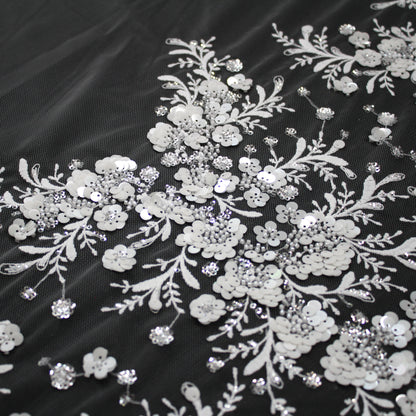 Haute Couture Tulle | Bridal Embroidered Tulle with Sequins, Seed Beads & Floral Arabesque Motifs | TRW3674