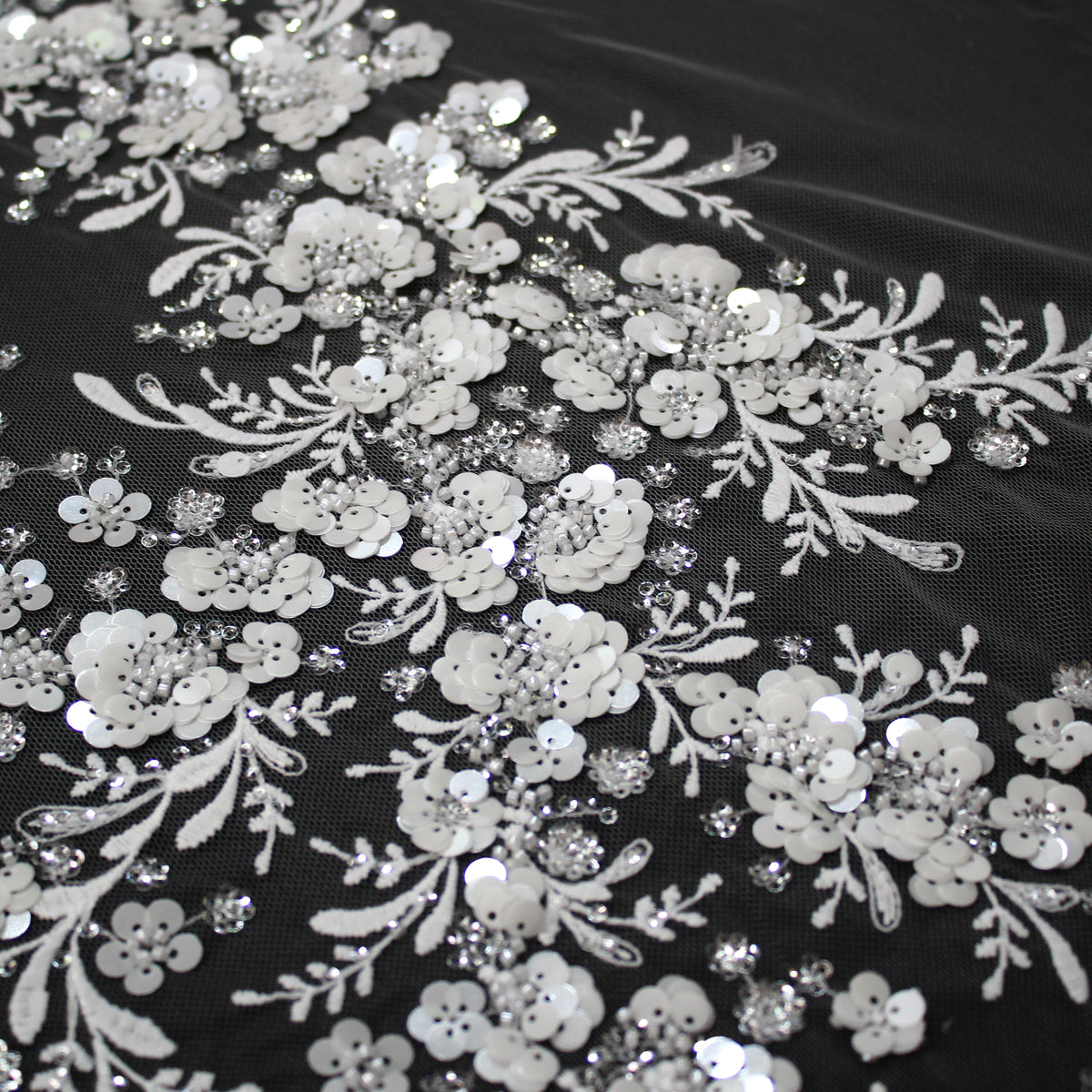 Haute Couture Tulle | Bridal Embroidered Tulle with Sequins, Seed Beads & Floral Arabesque Motifs | TRW3674