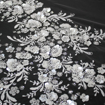Haute Couture Tulle | Bridal Embroidered Tulle with Sequins, Seed Beads & Floral Arabesque Motifs | TRW3674