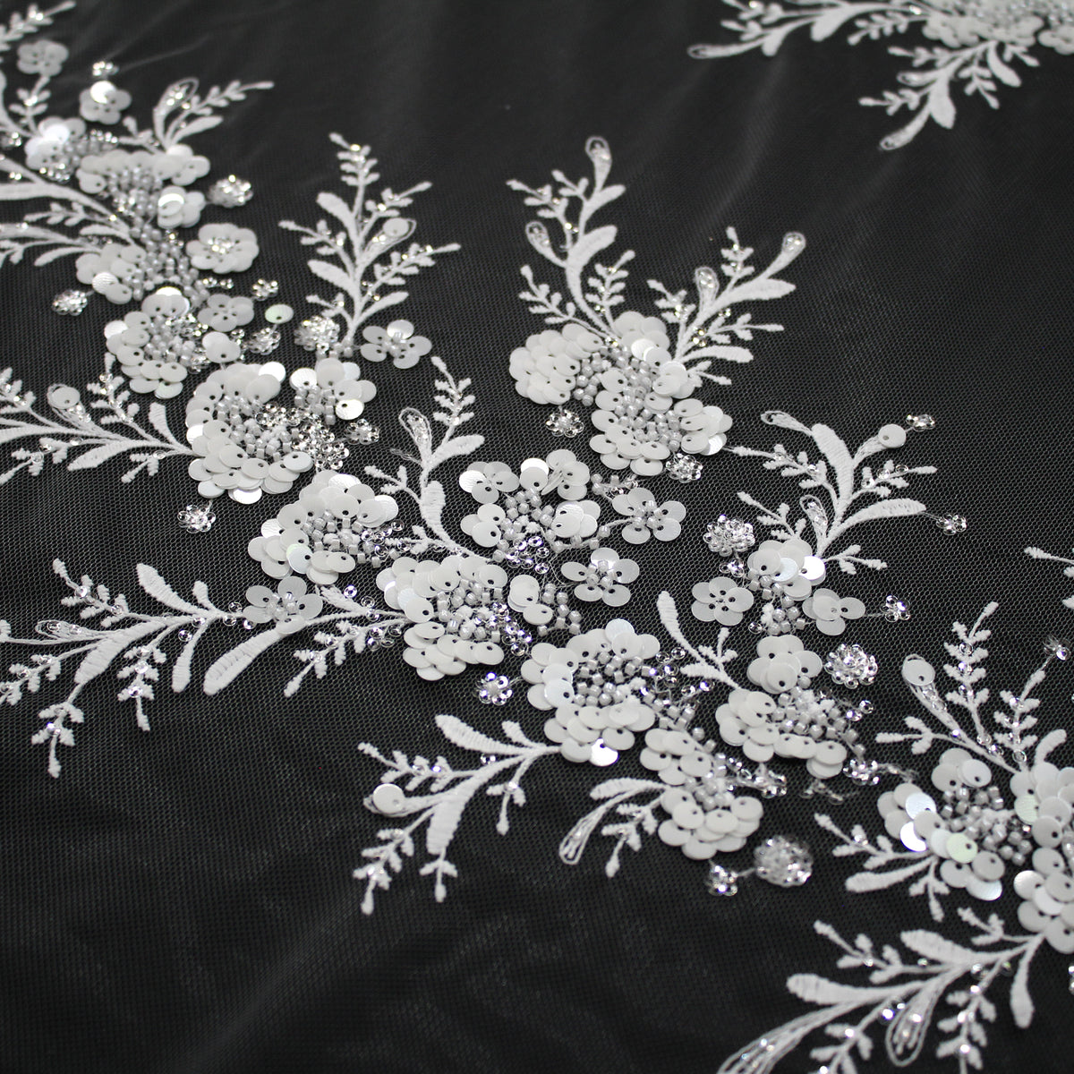 Haute Couture Tulle | Bridal Embroidered Tulle with Sequins, Seed Beads & Floral Arabesque Motifs | TRW3674
