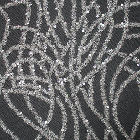 Haute Couture Tulle | Bridal Embroidered Tulle with Sequins, Seed Beads & Abstract Interlocking Curved Lines | TRW3871