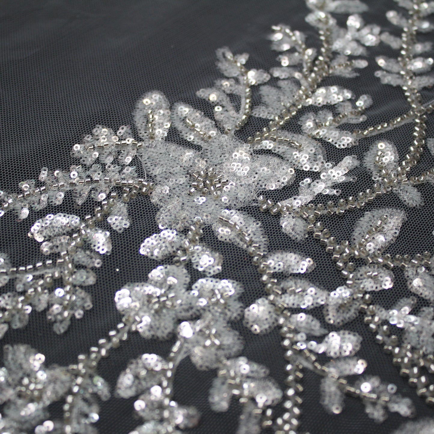 Haute Couture Tulle | Bridal Embroidered Tulle with Sequins, Seed Beads & Small Leaf Sprays | TRW3371