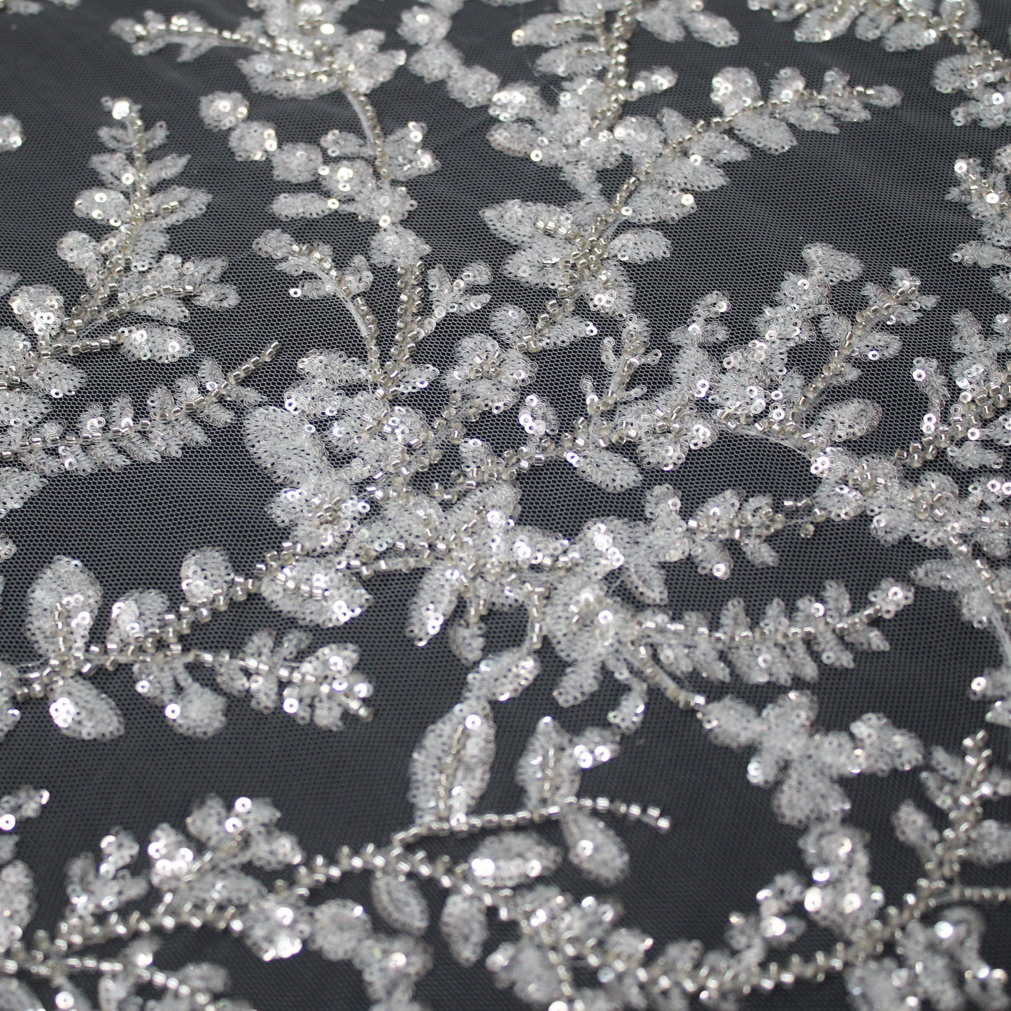 Haute Couture Tulle | Bridal Embroidered Tulle with Sequins, Seed Beads & Small Leaf Sprays | TRW3371