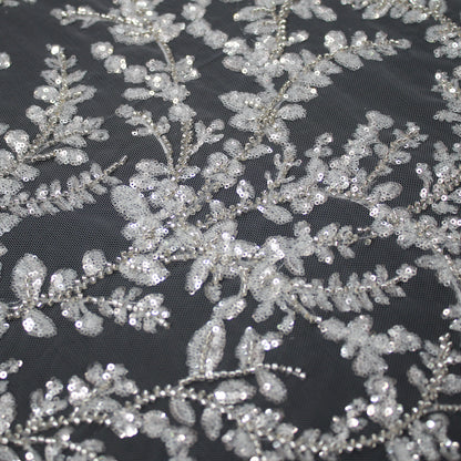 Haute Couture Tulle | Bridal Embroidered Tulle with Sequins, Seed Beads & Small Leaf Sprays | TRW3371