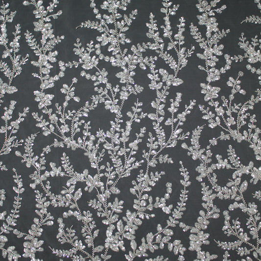 Tulle Alta Moda | Tulle Ricamato Sposa con Paillettes e Corallini a Ramage di Foglie Piccole | TRW3371