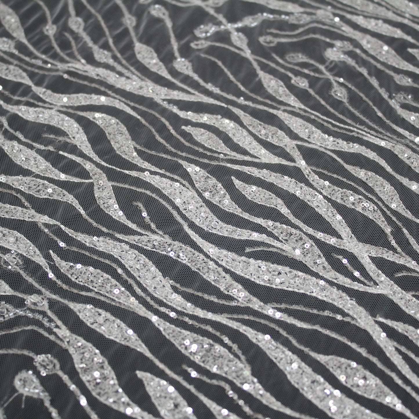 Haute Couture Tulle | Bridal Sequin Embroidered Tulle with Abstract Wavy Pattern | TRW3359