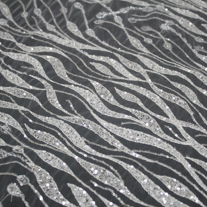 Haute Couture Tulle | Bridal Sequin Embroidered Tulle with Abstract Wavy Pattern | TRW3359