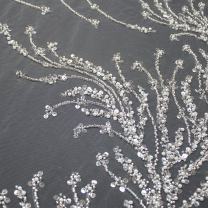 Haute Couture Tulle | Bridal Embroidered Tulle with Sequins, Beads & Seed Beads in Wavy Pattern | TRW3360