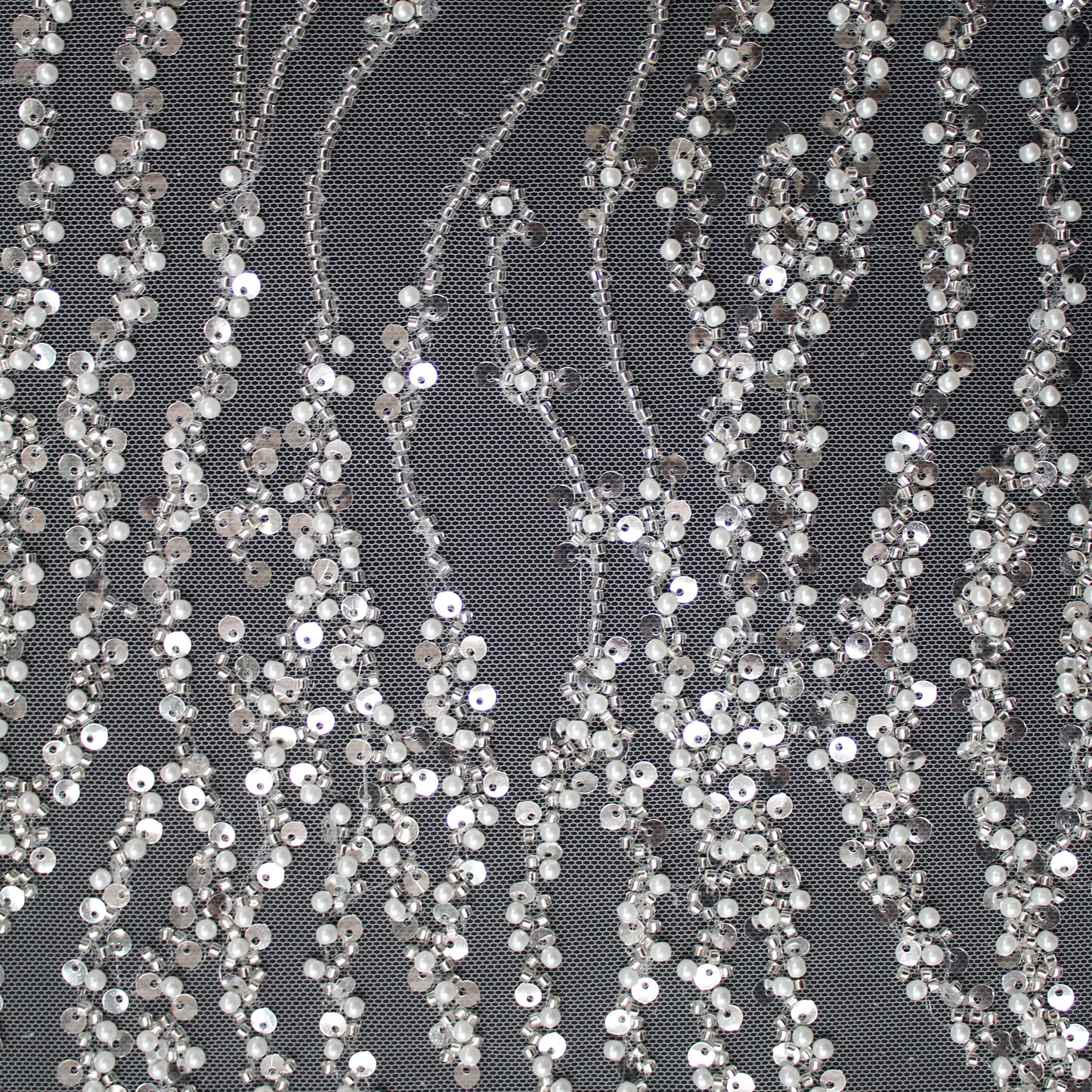 Haute Couture Tulle | Bridal Embroidered Tulle with Sequins, Beads & Seed Beads in Wavy Pattern | TRW3360