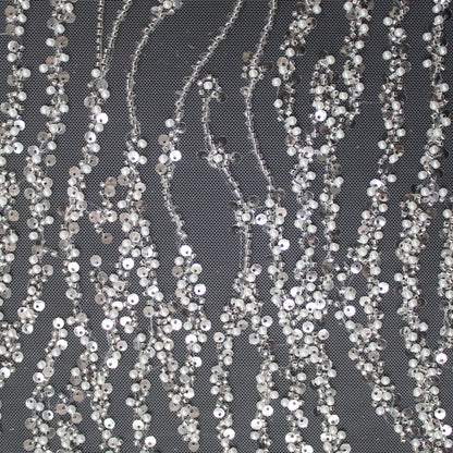 Haute Couture Tulle | Bridal Embroidered Tulle with Sequins, Beads & Seed Beads in Wavy Pattern | TRW3360
