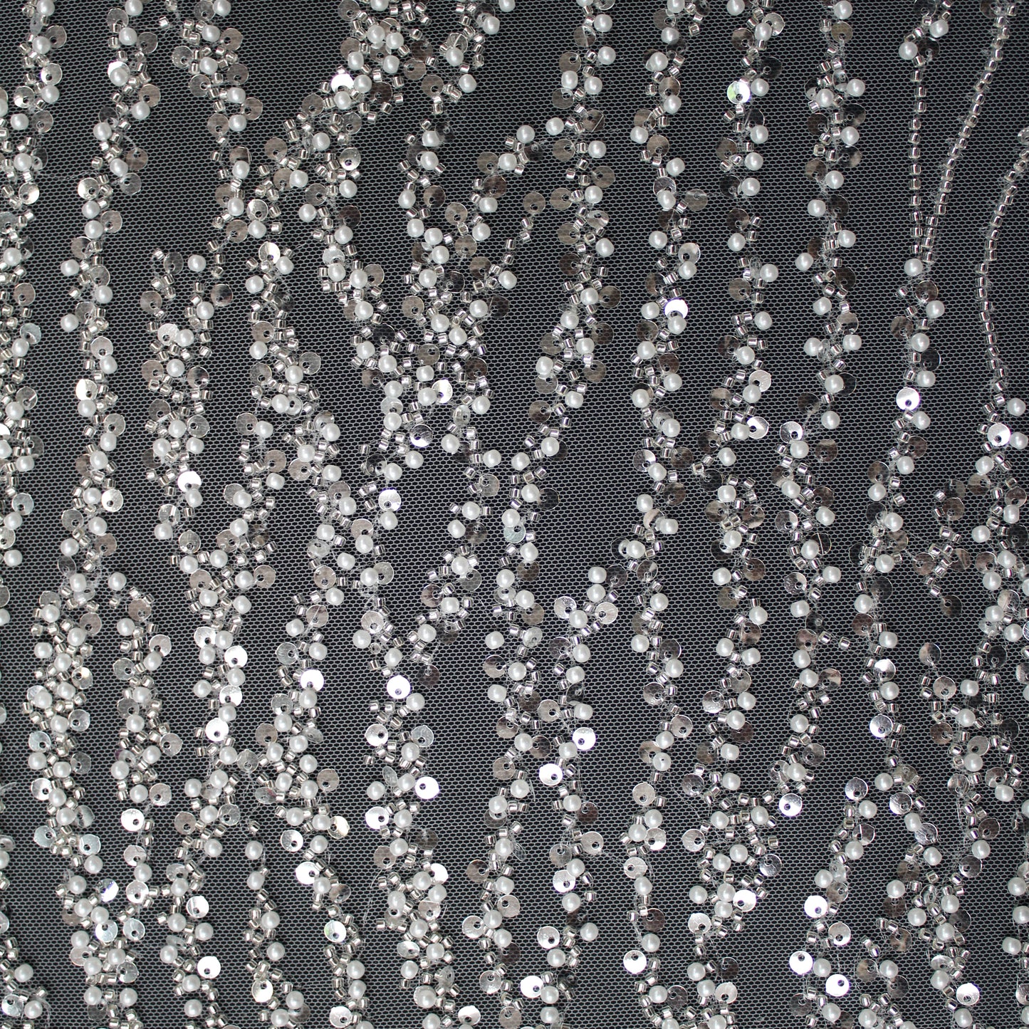 Haute Couture Tulle | Bridal Embroidered Tulle with Sequins, Beads & Seed Beads in Wavy Pattern | TRW3360